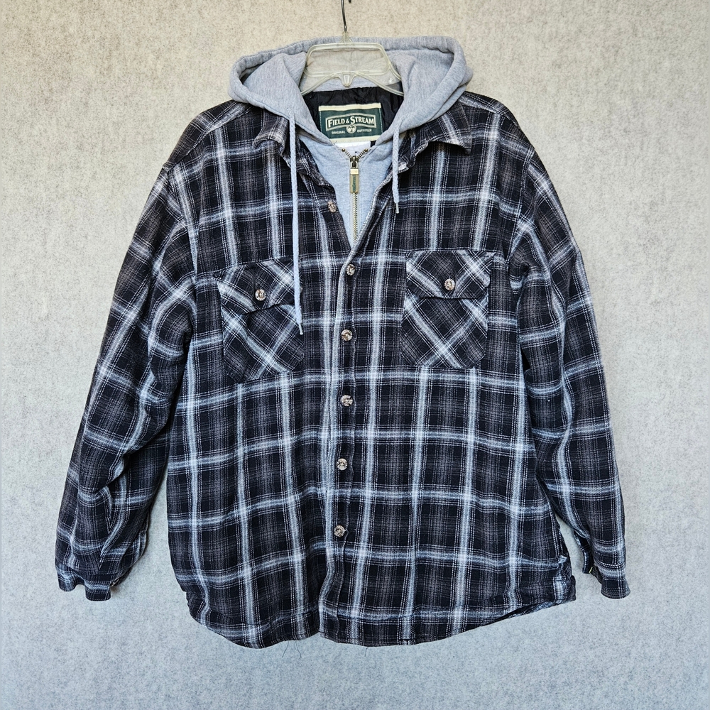 Field & Stream Men’s Plaid Flannel Hoodie Jacket FullZip Quilted Shacket Medium?